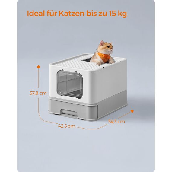 Feandrea Katzenklo, Katzentoilette, mit Deckel, ausziehbares Tablett, Schaufel, Bürste, für Katzen bis 15 kg, weniger Spuren, auslaufsicherer Boden, hellgrau-Taubengrau PPT001GD03