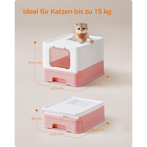 Feandrea Katzenklo, Katzentoilette, mit Deckel, ausziehbares Tablett, Schaufel, Bürste, für Katzen bis 15 kg, weniger Spuren, auslaufsicherer Boden, weiß-pastellrosa PPT001P01