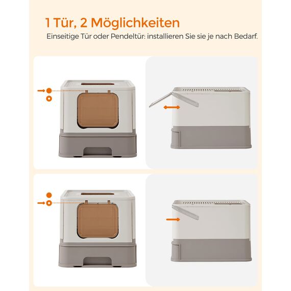 Feandrea Katzenklo 2er Set, Katzentoilette, mit Deckel, ausziehbares Tablett, Schaufel, Bürste, für Katzen bis 15 kg, weniger Spuren, auslaufsicherer Boden, haferflockenfarben-warmgrau PPT001G10