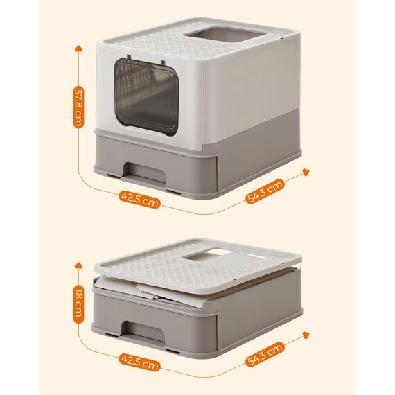 Feandrea Katzenklo 2er Set, Katzentoilette, mit Deckel, ausziehbares Tablett, Schaufel, Bürste, für Katzen bis 15 kg, weniger Spuren, auslaufsicherer Boden, haferflockenfarben-warmgrau PPT001G10