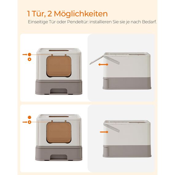 Feandrea Katzenklo, Katzentoilette, mit Deckel, ausziehbares Tablett, Schaufel, Bürste, für Katzen bis 15 kg, weniger Spuren, auslaufsicherer Boden, haferflockenfarben-warmgrau PPT001G01