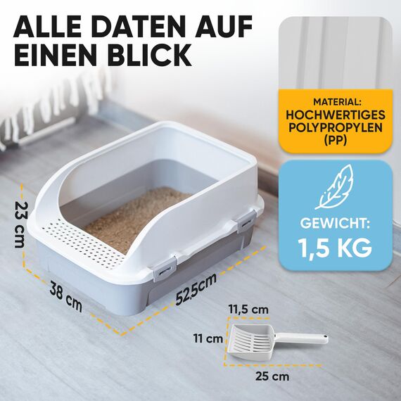 CROPLAS Katzenklo offen groß ohne Deckel,Katzenklo hoher Rand mit Streumatte & Schaufel, große Katzentoilette hoher Rand, cat Litter Box, Katzen klo,cat Toilet,Katzen toiletten, kedi tuvaleti, weiß