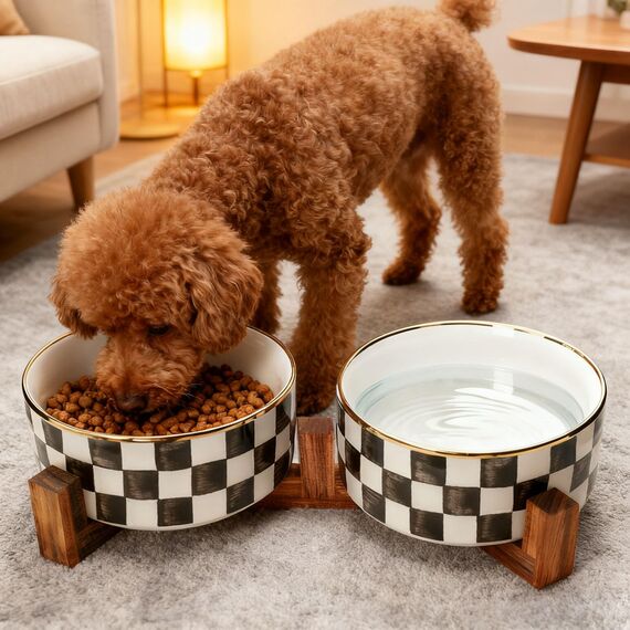 Hundenapf Keramik mit Walnussholz-Ständer, Doppelschalen für Hunde & Katzen, für Futter und Wasser, Rutschfester Stand, Fünfblatt-Klee & Wabenmuster (2 Stuck 900ml)