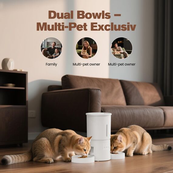 Futterautomat Katze 2 Näpfe mit APP: 5L Automatischer Futterspender mit 2.4G WiFi Timer für Trockenfutter - AONBOY Doppelnapf Design für Mehrkatzenhaushalte & Hunde - Weiß