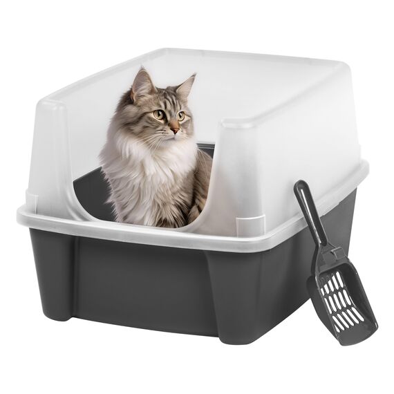 Iris Ohyama Katzenklo mit Schaufel, bis 7 kg, Grau, offen, ohne Deckel, Katzentoilette, hoher Abnehmbarer Rand, Für große Katzen, Kätzchen, Toilet, XXL Toilette, BPA-frei, Cat Litter Box, CLH-12