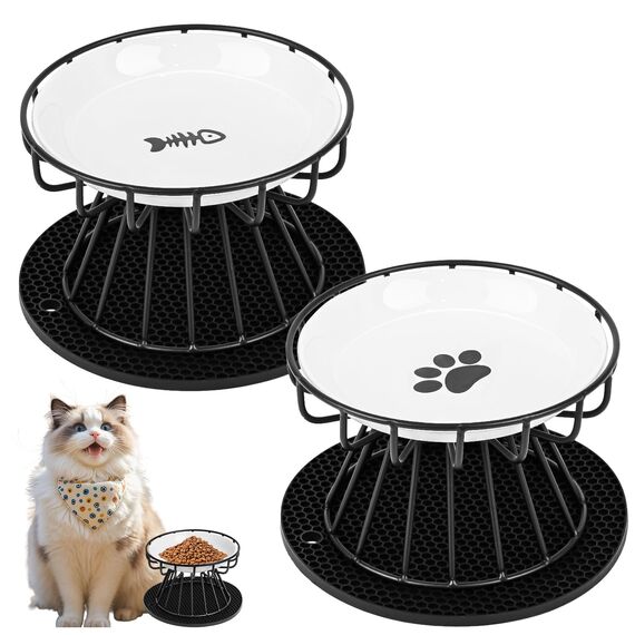 Katzennapf Erhöht, 2 Stück Katzennapf aus Keramik mit Napfunterlage Silikon Und Metallständer, Zervixschutz-Katzennapf, 15 cm Durchmesser,10cm Metallständer,Katzennäpfe für Futter Wasser
