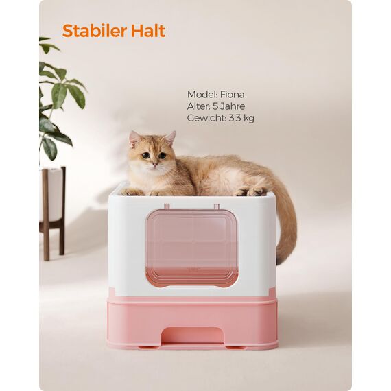 Feandrea Katzenklo, Katzentoilette, mit Deckel, ausziehbares Tablett, Schaufel, Bürste, für Katzen bis 15 kg, weniger Spuren, auslaufsicherer Boden, weiß-pastellrosa PPT001P01