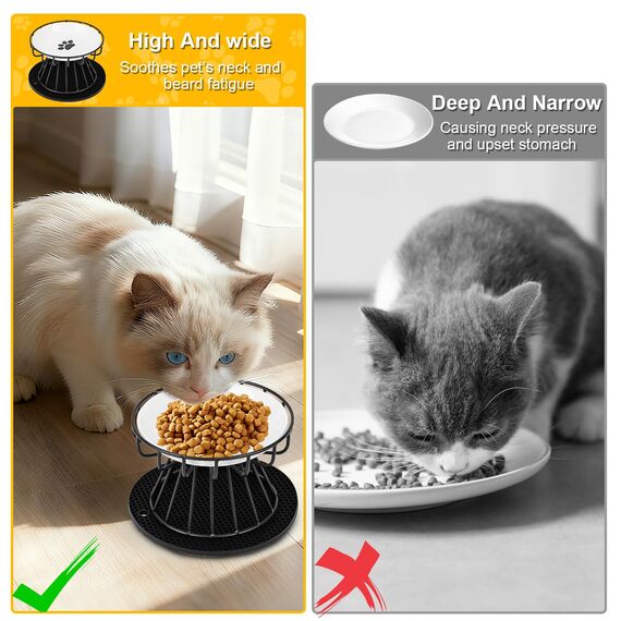 Katzennapf Erhöht, 2 Stück Katzennapf aus Keramik mit Napfunterlage Silikon Und Metallständer, Zervixschutz-Katzennapf, 15 cm Durchmesser,10cm Metallständer,Katzennäpfe für Futter Wasser