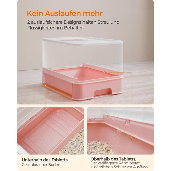 Feandrea Katzenklo, Katzentoilette, mit Deckel, ausziehbares Tablett, Schaufel, Bürste, für Katzen bis 15 kg, weniger Spuren, auslaufsicherer Boden, weiß-pastellrosa PPT001P01
