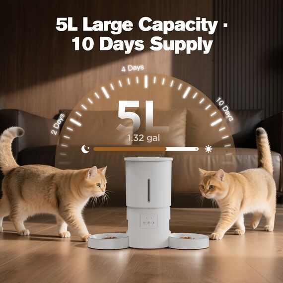 Futterautomat Katze 2 Näpfe mit APP: 5L Automatischer Futterspender mit 2.4G WiFi Timer für Trockenfutter - AONBOY Doppelnapf Design für Mehrkatzenhaushalte & Hunde - Weiß