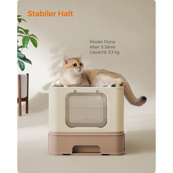 Feandrea Katzenklo, Katzentoilette, mit Deckel, ausziehbares Tablett, Schaufel, Bürste, für Katzen bis 15 kg, weniger Spuren, auslaufsicherer Boden, sandbeige-karamellbraun PPT001LJ02