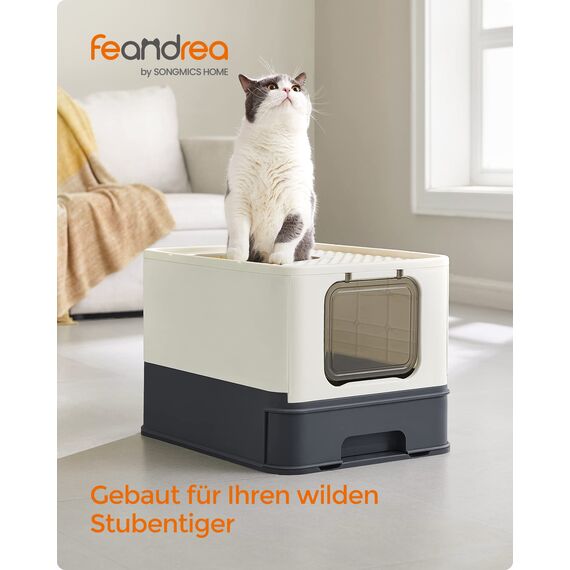 Feandrea Katzenklo, Katzentoilette, mit Deckel, ausziehbares Tablett, Schaufel, Bürste, für Katzen bis 15 kg, weniger Spuren, auslaufsicherer Boden, beige-schwarz PPT001W01