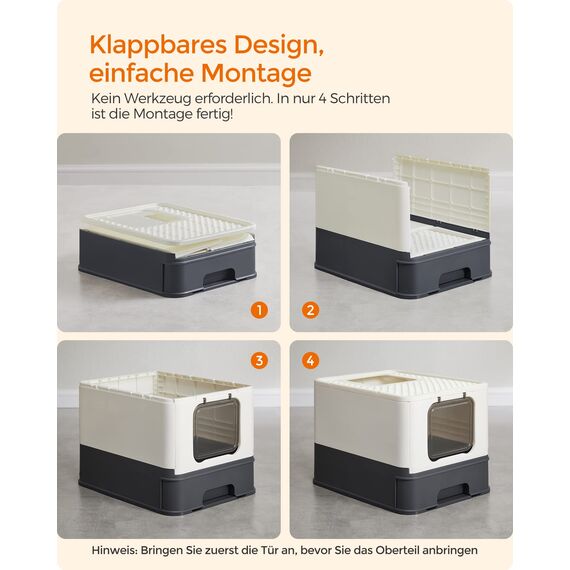 Feandrea Katzenklo, Katzentoilette, mit Deckel, ausziehbares Tablett, Schaufel, Bürste, für Katzen bis 15 kg, weniger Spuren, auslaufsicherer Boden, beige-schwarz PPT001W01
