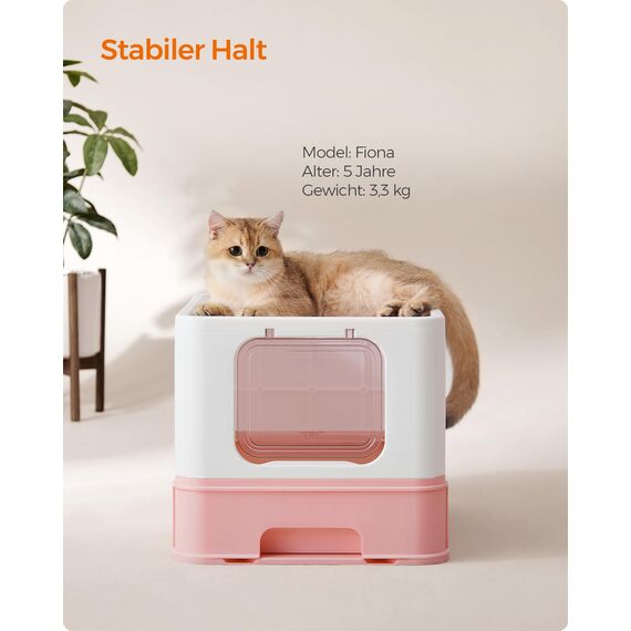 Feandrea Katzenklo 2er Set, Katzentoilette, mit Deckel, ausziehbares Tablett, Schaufel, Bürste, für Katzen bis 15 kg, weniger Spuren, auslaufsicherer Boden, weiß-pastellrosa PPT001P10