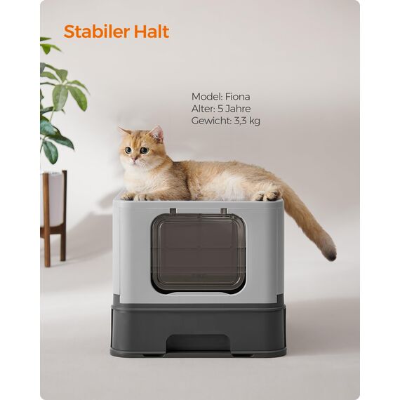 Feandrea Katzenklo 2er Set, Katzentoilette, mit Deckel, ausziehbares Tablett, Schaufel, Bürste, für Katzen bis 15 kg, weniger Spuren, auslaufsicherer Boden, anthrazitgrau-Taubengrau PPT001B10