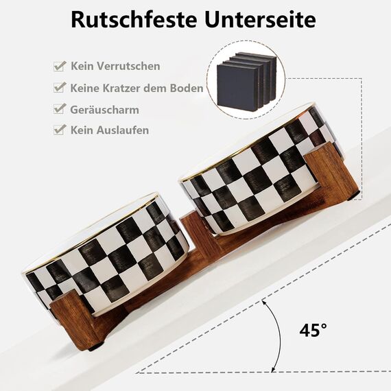 Hundenapf Keramik mit Walnussholz-Ständer, Doppelschalen für Hunde & Katzen, für Futter und Wasser, Rutschfester Stand, Fünfblatt-Klee & Wabenmuster (2 Stuck 900ml)
