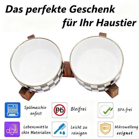 Hundenapf Keramik mit Walnussholz-Ständer, Doppelschalen für Hunde & Katzen, für Futter und Wasser, Rutschfester Stand, Fünfblatt-Klee & Wabenmuster (2 Stuck 900ml)