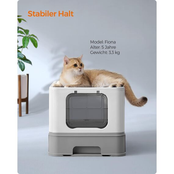 Feandrea Katzenklo, Katzentoilette, mit Deckel, ausziehbares Tablett, Schaufel, Bürste, für Katzen bis 15 kg, weniger Spuren, auslaufsicherer Boden, hellgrau-Taubengrau PPT001GD03