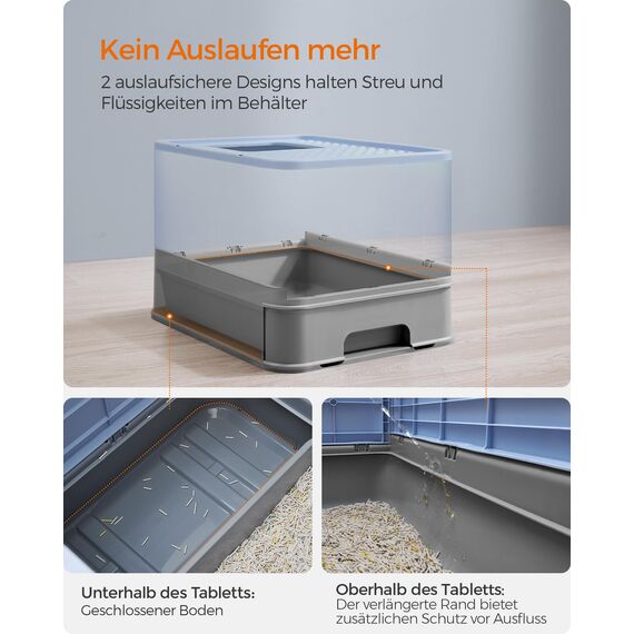 Feandrea Katzenklo, Katzentoilette, mit Deckel, ausziehbares Tablett, Schaufel, Bürste, für Katzen bis 15 kg, weniger Spuren, auslaufsicherer Boden, blassblau-Taubengrau PPT001Q01