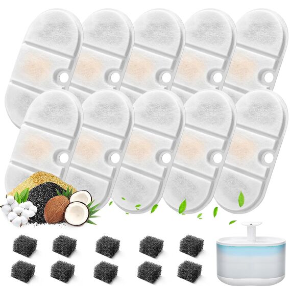 anyuan boy Katzenbrunnen Filter 10 Stück Filter für 2.1L Trinkbrunnen PLWF002,Schwamm Filter mit Harz und Aktivkohle Vierfachem Filtersystem,10 Pcs Kohlefilter und 10 Pcs Schaumstofffilter