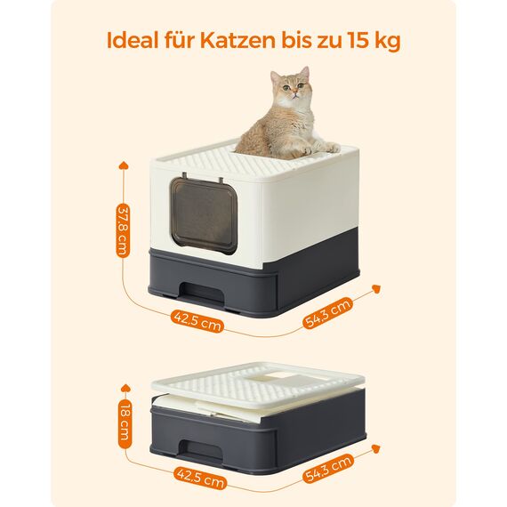 Feandrea Katzenklo, Katzentoilette, mit Deckel, ausziehbares Tablett, Schaufel, Bürste, für Katzen bis 15 kg, weniger Spuren, auslaufsicherer Boden, beige-schwarz PPT001W01