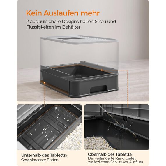 Feandrea Katzenklo, Katzentoilette, mit Deckel, ausziehbares Tablett, Schaufel, Bürste, für Katzen bis 15 kg, weniger Spuren, auslaufsicherer Boden, anthrazitgrau-Taubengrau PPT001B01