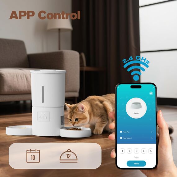 Futterautomat Katze 2 Näpfe mit APP: 5L Automatischer Futterspender mit 2.4G WiFi Timer für Trockenfutter - AONBOY Doppelnapf Design für Mehrkatzenhaushalte & Hunde - Weiß