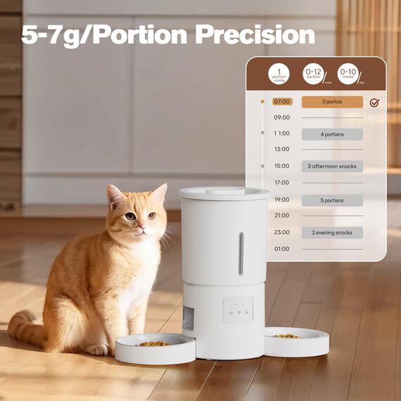 Futterautomat Katze 2 Näpfe mit APP: 5L Automatischer Futterspender mit 2.4G WiFi Timer für Trockenfutter - AONBOY Doppelnapf Design für Mehrkatzenhaushalte & Hunde - Weiß