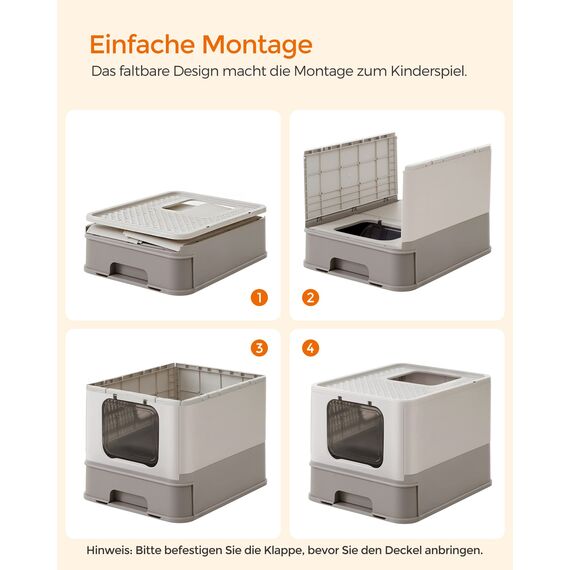 Feandrea Katzenklo 2er Set, Katzentoilette, mit Deckel, ausziehbares Tablett, Schaufel, Bürste, für Katzen bis 15 kg, weniger Spuren, auslaufsicherer Boden, haferflockenfarben-warmgrau PPT001G10