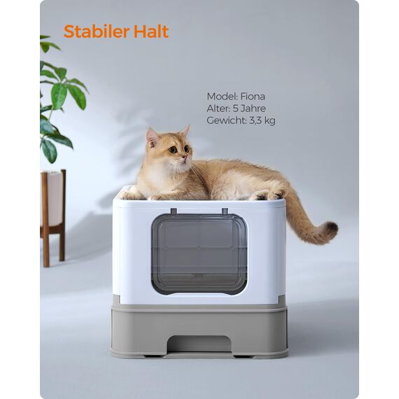 Feandrea Katzenklo, Katzentoilette, mit Deckel, ausziehbares Tablett, Schaufel, Bürste, für Katzen bis 15 kg, weniger Spuren, auslaufsicherer Boden, blassblau-Taubengrau PPT001Q01