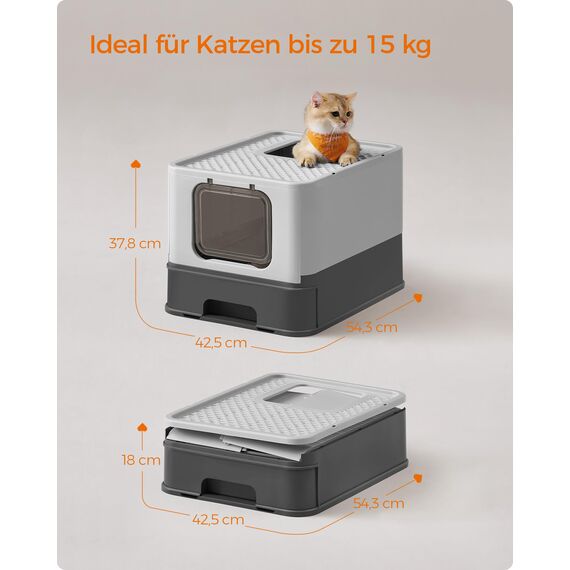 Feandrea Katzenklo, Katzentoilette, mit Deckel, ausziehbares Tablett, Schaufel, Bürste, für Katzen bis 15 kg, weniger Spuren, auslaufsicherer Boden, anthrazitgrau-Taubengrau PPT001B01