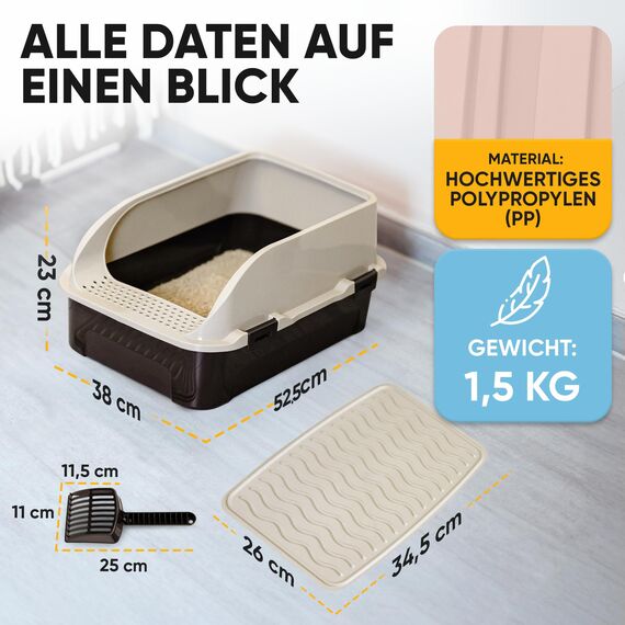 CROPLAS Katzenklo offen groß ohne Deckel,Katzenklo hoher Rand mit Streumatte & Schaufel, große Katzentoilette hoher Rand, cat Litter Box, Katzen klo,cat Toilet,Katzen toiletten, kedi tuvaleti, beige