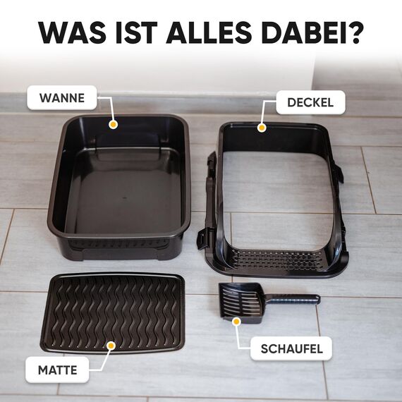 CROPLAS Katzenklo offen groß ohne Deckel,Katzenklo hoher Rand mit Streumatte & Schaufel, große Katzentoilette hoher Rand, cat litter box, Katzen klo,cat toilet,Katzen toiletten, kedi tuvaleti, schwarz