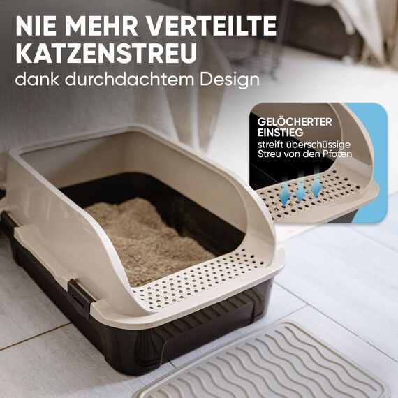 CROPLAS Katzenklo offen groß ohne Deckel,Katzenklo hoher Rand mit Streumatte & Schaufel, große Katzentoilette hoher Rand, cat Litter Box, Katzen klo,cat Toilet,Katzen toiletten, kedi tuvaleti, beige
