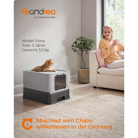 Feandrea Katzenklo 2er Set, Katzentoilette, mit Deckel, ausziehbares Tablett, Schaufel, Bürste, für Katzen bis 15 kg, weniger Spuren, auslaufsicherer Boden, anthrazitgrau-Taubengrau PPT001B10