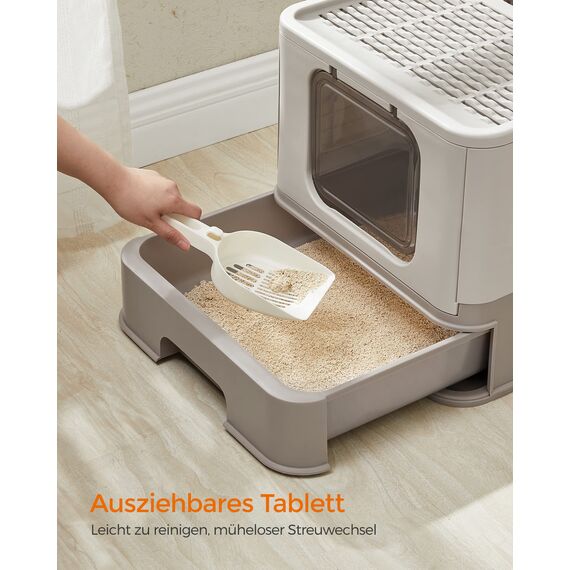 Feandrea Katzenklo 2er Set, Katzentoilette, mit Deckel, ausziehbares Tablett, Schaufel, Bürste, für Katzen bis 15 kg, weniger Spuren, auslaufsicherer Boden, haferflockenfarben-warmgrau PPT001G10