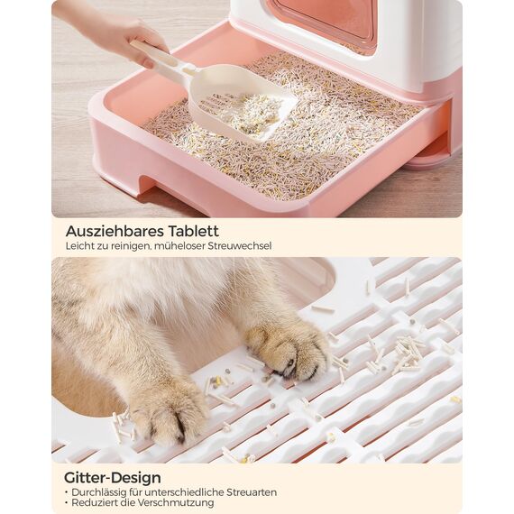 Feandrea Katzenklo, Katzentoilette, mit Deckel, ausziehbares Tablett, Schaufel, Bürste, für Katzen bis 15 kg, weniger Spuren, auslaufsicherer Boden, weiß-pastellrosa PPT001P01