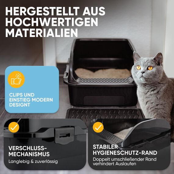 CROPLAS Katzenklo offen groß ohne Deckel,Katzenklo hoher Rand mit Streumatte & Schaufel, große Katzentoilette hoher Rand, cat litter box, Katzen klo,cat toilet,Katzen toiletten, kedi tuvaleti, schwarz