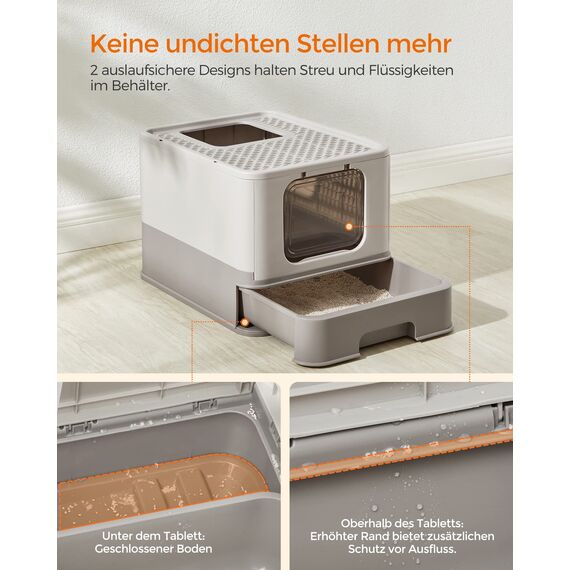 Feandrea Katzenklo 2er Set, Katzentoilette, mit Deckel, ausziehbares Tablett, Schaufel, Bürste, für Katzen bis 15 kg, weniger Spuren, auslaufsicherer Boden, haferflockenfarben-warmgrau PPT001G10