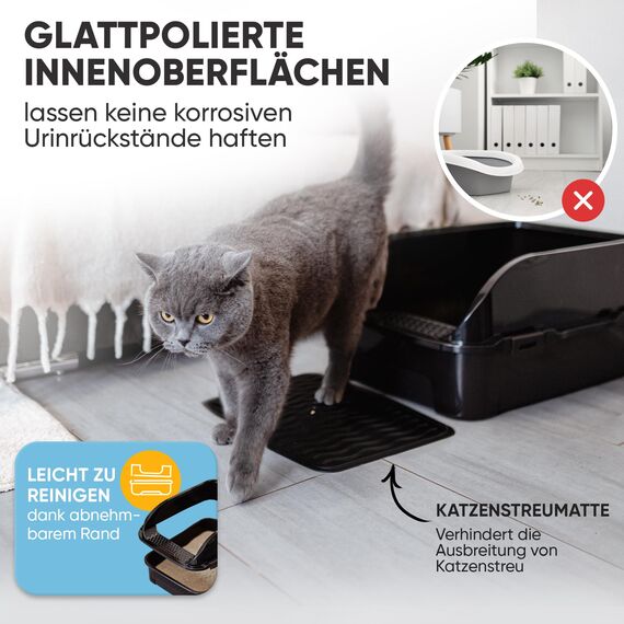 CROPLAS Katzenklo offen groß ohne Deckel,Katzenklo hoher Rand mit Streumatte & Schaufel, große Katzentoilette hoher Rand, cat litter box, Katzen klo,cat toilet,Katzen toiletten, kedi tuvaleti, schwarz