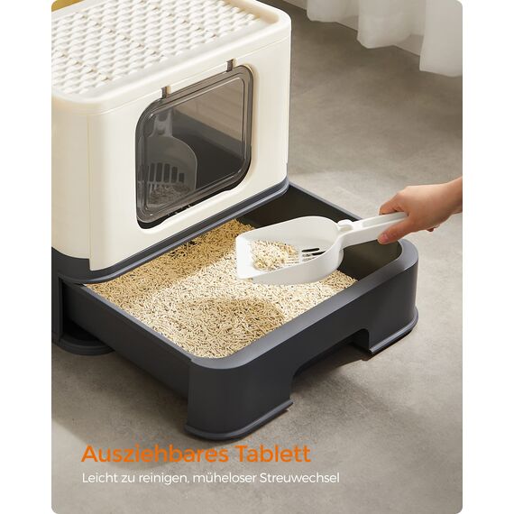 Feandrea Katzenklo, Katzentoilette, mit Deckel, ausziehbares Tablett, Schaufel, Bürste, für Katzen bis 15 kg, weniger Spuren, auslaufsicherer Boden, beige-schwarz PPT001W01