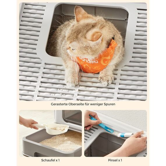 Feandrea Katzenklo 2er Set, Katzentoilette, mit Deckel, ausziehbares Tablett, Schaufel, Bürste, für Katzen bis 15 kg, weniger Spuren, auslaufsicherer Boden, haferflockenfarben-warmgrau PPT001G10