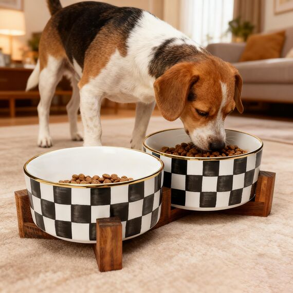 Hundenapf Keramik mit Walnussholz-Ständer, Doppelschalen für Hunde & Katzen, für Futter und Wasser, Rutschfester Stand, Fünfblatt-Klee & Wabenmuster (2 Stuck 900ml)