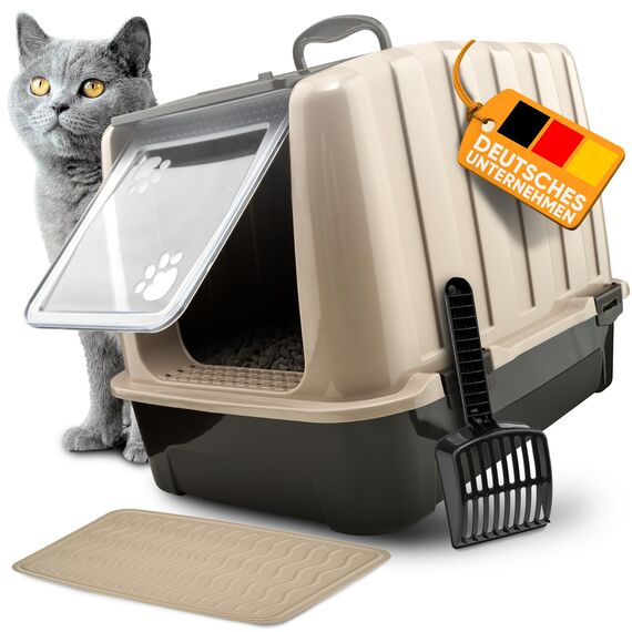 CROPLAS Katzenklo mit Deckel und Aktivkohlefilter, Katzenklo groß geschlossen, Katzentoilette geschlossen mit Klappe, geschlossene Katzentoilette mit Deckel groß, Katzen Klo XL große Katzen, beige