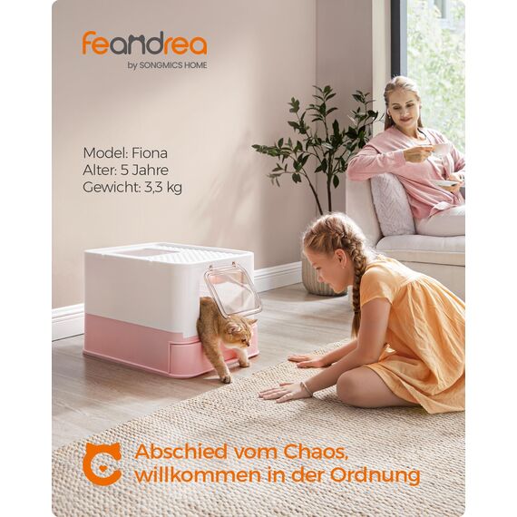 Feandrea Katzenklo, Katzentoilette, mit Deckel, ausziehbares Tablett, Schaufel, Bürste, für Katzen bis 15 kg, weniger Spuren, auslaufsicherer Boden, weiß-pastellrosa PPT001P01