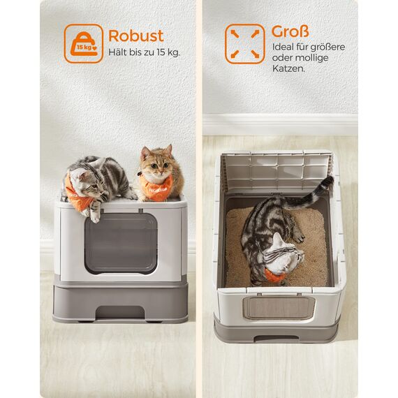 Feandrea Katzenklo 2er Set, Katzentoilette, mit Deckel, ausziehbares Tablett, Schaufel, Bürste, für Katzen bis 15 kg, weniger Spuren, auslaufsicherer Boden, haferflockenfarben-warmgrau PPT001G10