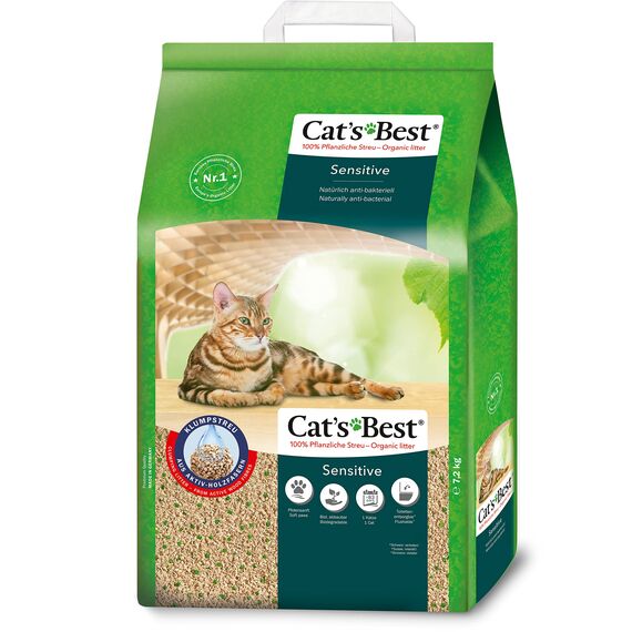 Cat's Best Sensitive, 100 % pflanzliche Katzenstreu, fest klumpend und antibakteriell aus veredelten Aktiv-Holzfasern – speziell für empfindliche Katzen, 7,2 kg/20 l
