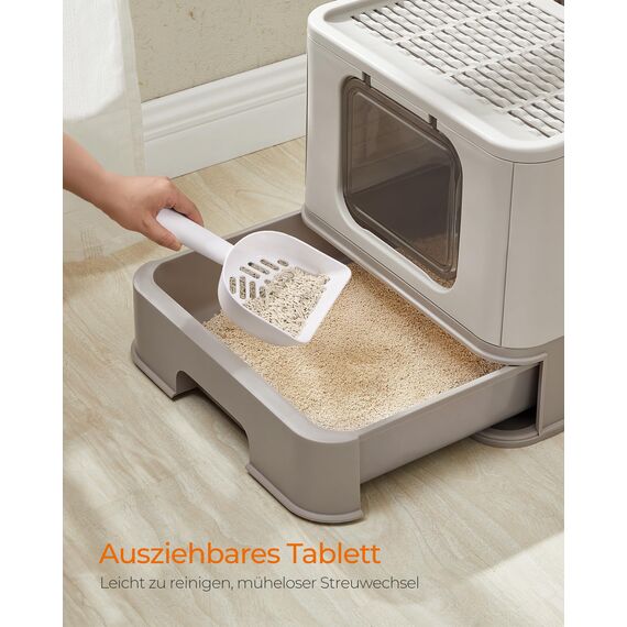 Feandrea Katzenklo, Katzentoilette, mit Deckel, ausziehbares Tablett, Schaufel, Bürste, für Katzen bis 15 kg, weniger Spuren, auslaufsicherer Boden, haferflockenfarben-warmgrau PPT001G01