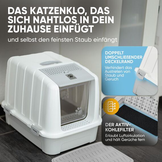 CROPLAS Katzenklo mit Deckel und Aktivkohlefilter, Katzenklo groß geschlossen, Katzentoilette geschlossen mit Klappe, geschlossene Katzentoilette mit Deckel groß, Katzen Klo XL große Katzen, weiß