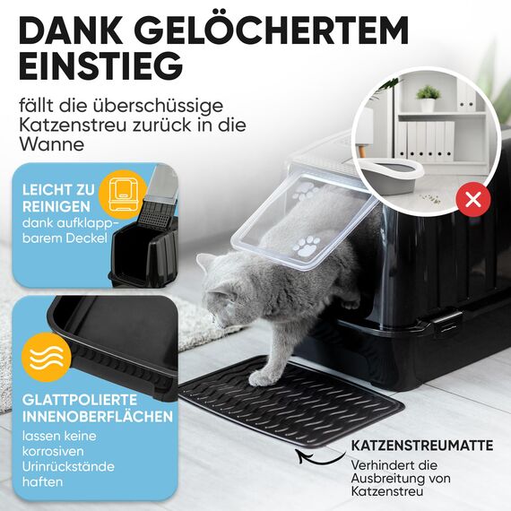 CROPLAS Katzenklo mit Deckel und Aktivkohlefilter, Katzenklo groß geschlossen, Katzentoilette geschlossen mit Klappe, geschlossene Katzentoilette mit Deckel groß, Katzen Klo XL große Katzen, schwarz